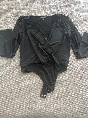 Express Black Wrap-Front Long Sleeve Bodysuit
